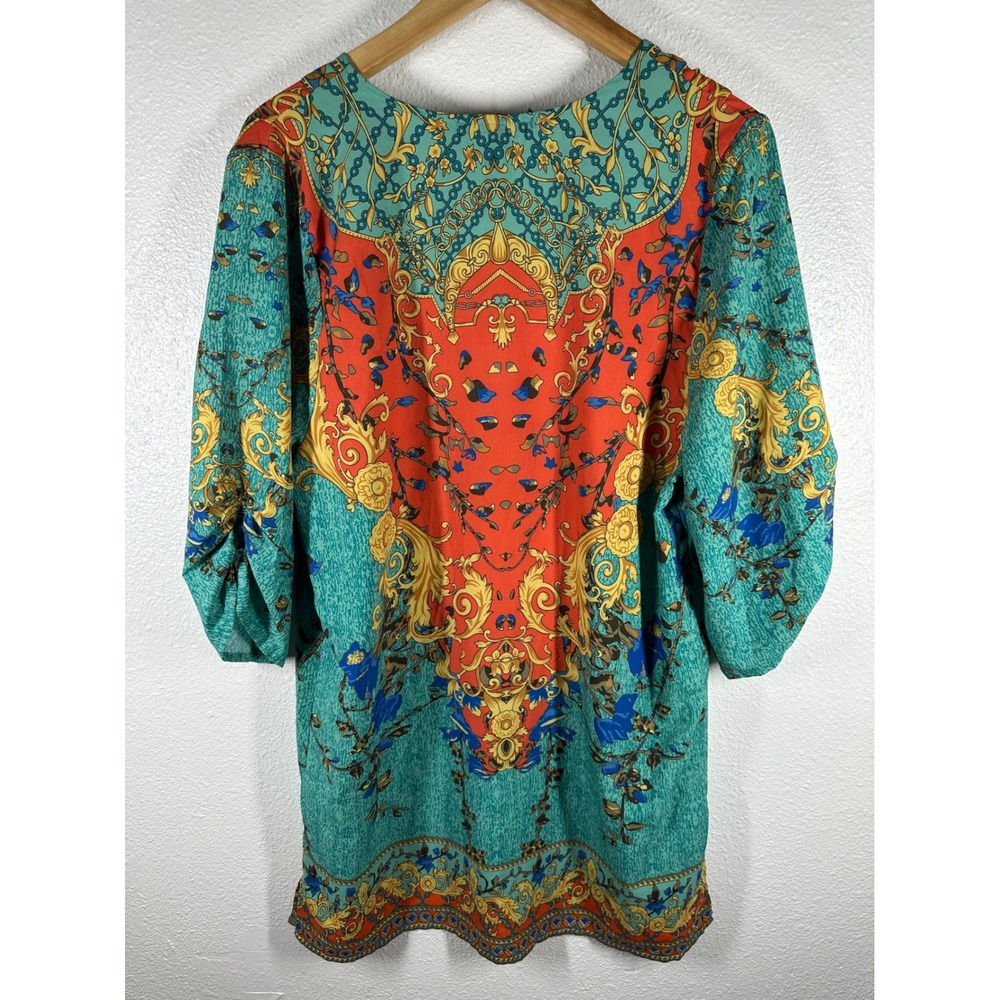 Urban CoCo Tunic‎ Top Womens Medium Teal Orange Baroque Print Tassel Tie Blouse - Picture 2 of 10